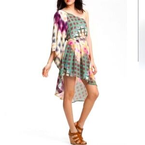 Charlie Jade One Shoulder butterfly Watercolor Pixel Cascade Dress belt Silk S